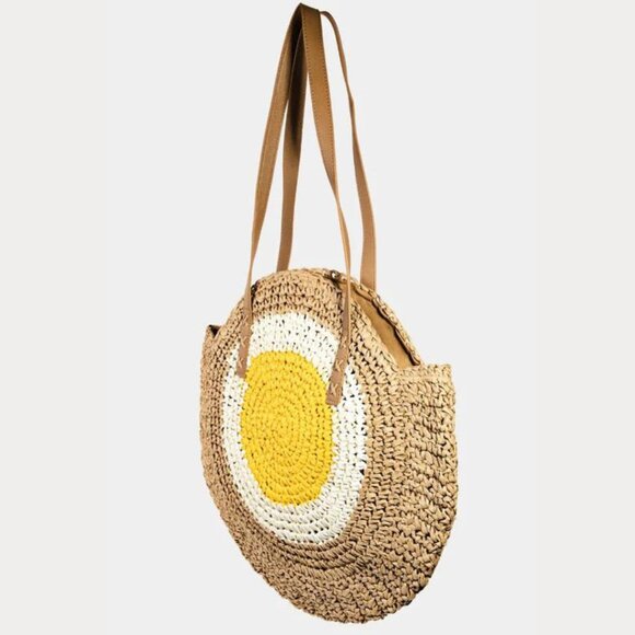 Smiley Happy Face Round Straw Beach Tote Bag NWT - Picture 3 of 5